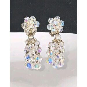 Vintage‎ 1950's Waterfall Chandelier AB Crystal Beads Cascade Clip On Earrings